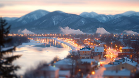 High-angle tilt-shift view of a snowy winter town at dusk. Golden streetlights reflect on the icy river, contrasting with blue mountains. Smoke rises, creating a cozy, miniature scene.の素材