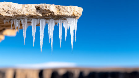 Sharp icicles hang from a weathered rock formation, contrasting against a vibrant blue sky. The composition emphasizes the textures and shapes, creating a sense of cold and stillness.の素材