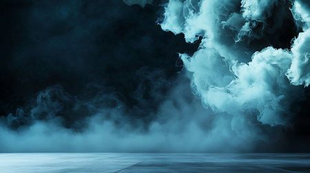 Abstract composition featuring vibrant turquoise smoke and fog rising from a dark concrete floor.の素材