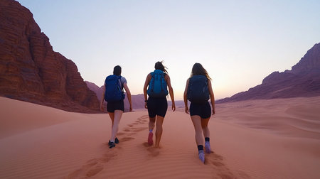 Rear view of three adventurous women trekking across vast red sand dunes at sunset. Their footprints mark a path through the serene desert landscape towards distant rock formations.の素材