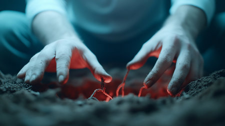 Close-up of hands gently touching glowing red roots emerging from dark soil. Dramatic warm red and cool blue light creates a mysterious, otherworldly ambiance of discovery.の素材