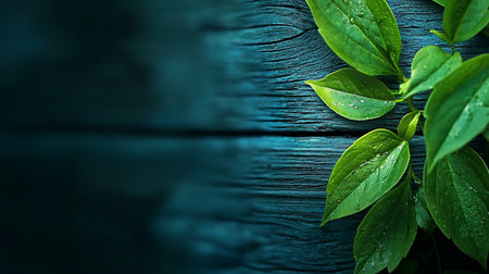 A top-down view of vibrant green leaves, glistening with fresh water droplets, resting on a dark, rustic teal-blue wooden surface. A serene, natural background with copy space.の素材