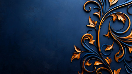 Intricate golden floral design with blue accents on a deep blue textured background. The composition is elegant and luxurious, creating a visually appealing and sophisticated image.の素材
