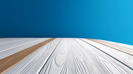 A low-angle, perspective shot showcases white and brown wooden planks against a vibrant blue background, creating a clean, minimalist aesthetic. The wood grain adds texture and depth.の素材