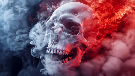 A striking digital artwork depicts a skull engulfed in swirling smoke and fire.の素材