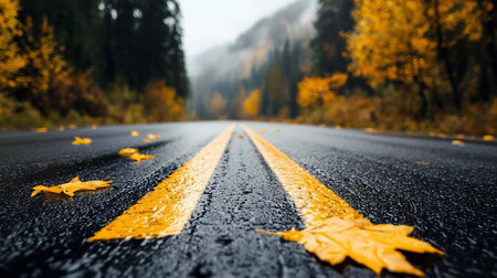Low-angle shot of a wet asphalt road with yellow lines and scattered fallen autumn leaves, leading into a misty forest. The scene evokes a sense of travel and seasonal change.の素材