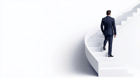 A man in a dark blue suit walks up a bright white, modern spiral staircase, symbolizing progress and ambition.の素材