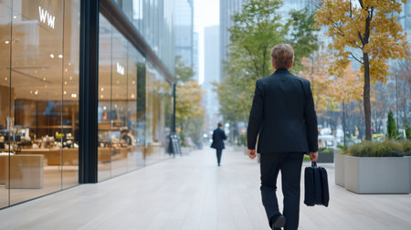 Man in a dark suit walks away, carrying a black briefcase. Rear view of the businessman.の素材