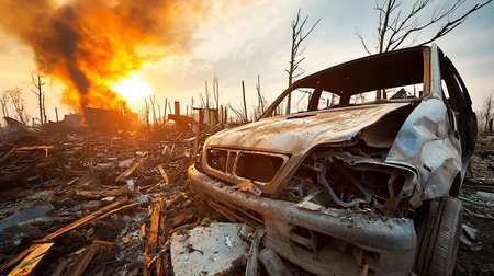 A close-up of a completely destroyed and burnt-out car. The vehicle is mangled, rusty, and covered in soot, with its frame exposed amidst a field of debris.の素材