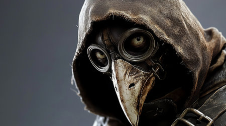 Close-up of a detailed plague doctor mask with a textured fabric hood and leather accents, featuring prominent goggles and a beak-like nosepiece.の素材