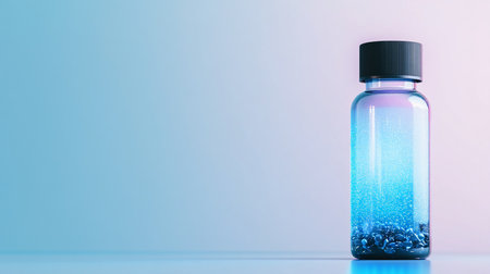 A clear glass bottle with a black cap contains blue capsules and effervescent bubbles, illuminated by blue and pink light.の素材