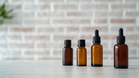 Four amber glass bottles with black dropper tops, varying in size, aligned on a white surface, used for essential oils or serums.の素材