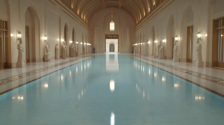 An expansive indoor swimming pool with clear blue water, flanked by classical statues and illuminated by ornate wall sconces and a central chandelier.の素材