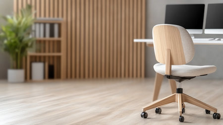 A contemporary office chair featuring a light wood frame, neutral-toned fabric upholstery, and a five-star base with rolling casters.の素材