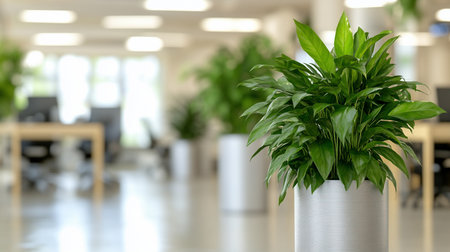 A vibrant, leafy green houseplant with glossy leaves is showcased in a modern, textured silver pot, adding a touch of nature.の素材