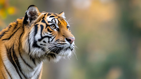Close-up profile of a majestic tiger, showcasing its distinctive orange and black striped fur, piercing eyes, and long white whiskers.の素材