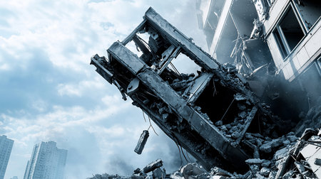 Heavily damaged concrete building structure with exposed rebar, crumbling walls, and scattered rubble, engulfed in dust and smoke.の素材