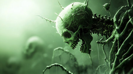 Green skull with spikes, spine, and root-like structures. Detailed bone texture, eerie and macabre concept art.の素材