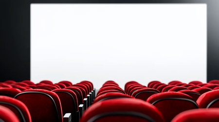 A perspective view of multiple rows of empty, plush red velvet cinema seats with black trim, facing a large, blank white screen in a dark theater.の素材