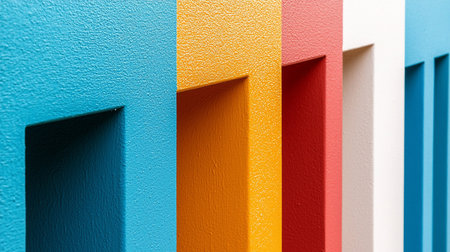 Close-up of a textured wall featuring recessed sections painted in vibrant blue, orange, red, and white hues, creating a colorful and abstract pattern.の素材