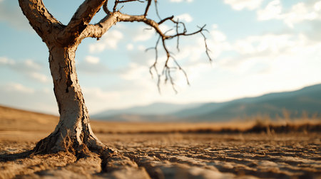 A weathered tree with a gnarled trunk and rough, peeling bark. Its bare, twisted branches extend outwards, and its roots are exposed at the base.の素材