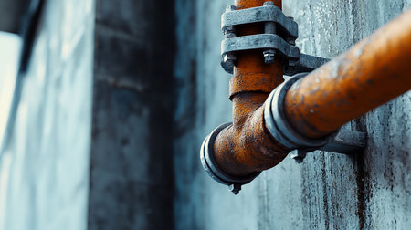A weathered orange industrial pipe with a corroded, rusty texture, featuring a T-junction and a heavy bolted metal clamp.の素材