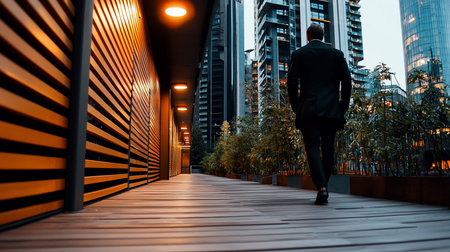 A man in a black suit walks away from the camera on a wooden pathway. The man's back is facing the viewer.の素材