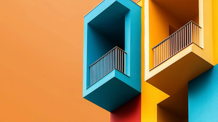 Abstract architectural detail featuring vibrant blue and yellow balconies with metal railings. The image showcases geometric shapes and bold color contrasts.の素材