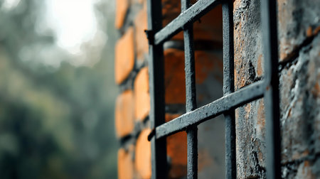 A close-up view of dark metal bars with a heavily textured, weathered surface. The black paint is peeling and cracked, revealing a rough, corroded texture underneath.の素材