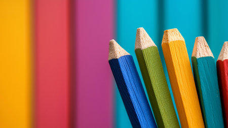 A detailed macro shot of sharpened colored pencils, highlighting the pointed wood tips and the vibrant, textured grain of the painted barrels.の素材