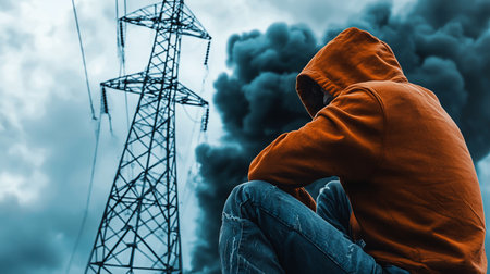 A person wearing a hooded orange sweatshirt and distressed denim jeans sits with their head bowed, appearing contemplative.の素材