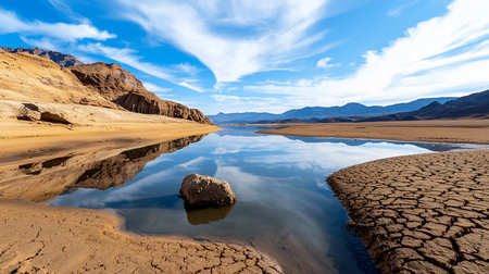 A tranquil blue water channel reflecting the sky, flanked by rugged, ochre-colored sandstone cliffs and deeply cracked, parched mudflats, with a lone rock.の素材
