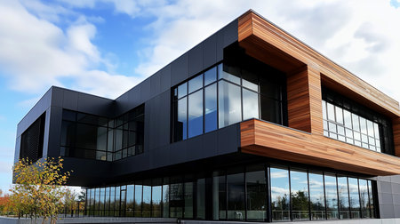 A contemporary building featuring a striking contrast between dark, sleek panels and warm, horizontal wooden cladding, with large glass windows reflecting the sky.の素材