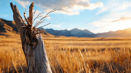 A textured, gray tree stump with splintered top and thin, bare branches, standing in a field of golden grass.の素材