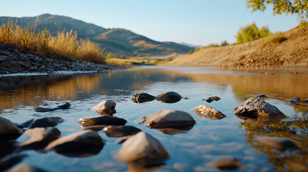 A low-angle perspective of a calm, clear river. Smooth, wet stones emerge from the shallow water, reflecting the warm, golden light and the serene, natural surroundings.の素材