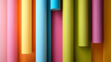 A collection of vertically oriented, textured paper rolls in various bright and pastel colors, arranged in a visually appealing composition.の素材