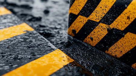Close-up of a black and yellow striped barrier, covered in water droplets, with a textured surface and diagonal stripes.の素材