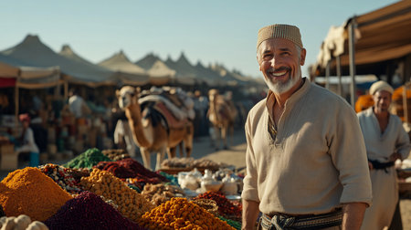A cheerful middle-aged man with a grey beard wears a patterned cap and a loose-fitting beige tunic, standing in a vibrant marketplace.の素材