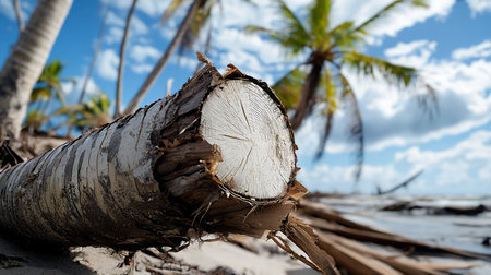 A section of a weathered palm tree log, displaying a cross-section with visible growth rings and a rough, textured bark surface.の素材