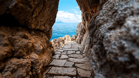 A weathered stone pathway winds through a narrow cave opening, leading to a vibrant blue sea and distant hazy mountains under a cloudy sky.の素材
