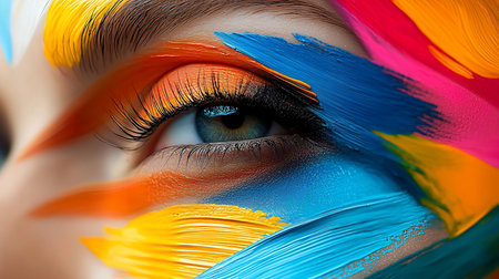 A macro view of a human eye with a blue-green iris and long black eyelashes, framed by thick, artistic daubs of blue, yellow, orange, and pink paint on the skin.の素材