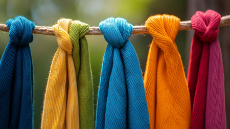 Five vibrantly colored knitted fabric swatches, blue, yellow, green, orange, and red, neatly tied around a textured rope, showcasing woven patterns and soft textures.の素材