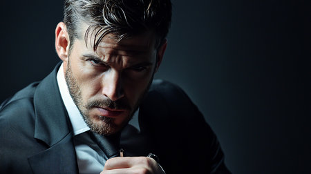 A close-up portrait of a man with wet, styled hair, wearing a dark suit and white shirt, with a focused, intense expression.の素材
