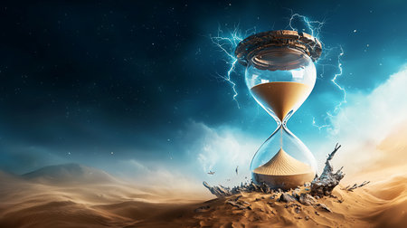A majestic hourglass, its top crackling with electric lightning, dominates a vast desert landscape under a dramatic starry and stormy sky.の素材