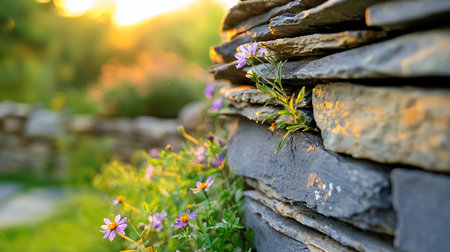 A close-up captures vibrant purple flowers emerging from a weathered stone wall, bathed in warm golden hour sunlight.の素材