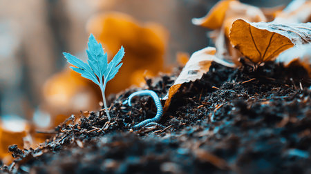A macro shot captures a surreal scene: a vibrant blue sapling sprouts from dark soil next to a pale blue millipede, set against a soft-focus background of warm autumn leaves.の素材