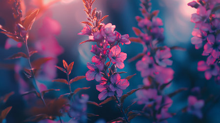 Close-up of pink flowers with red leaves against a blurred blue background. The soft lighting and shallow depth of field create a dreamy, ethereal mood.の素材