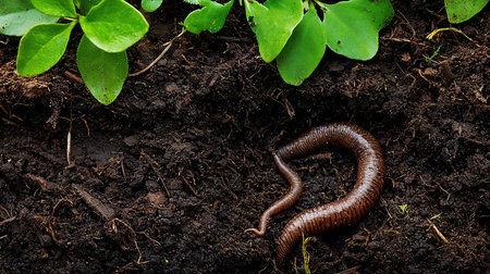 A close-up macro shot showcases an earthworm partially buried in rich, dark soil. Bright green leaves provide contrast. The worm's segmented body is visible. Natural lighting highlights textures.の素材
