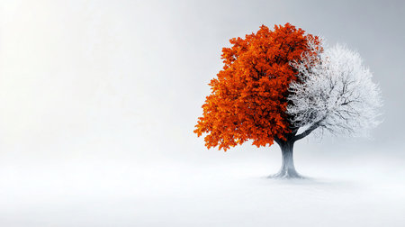 A surreal, solitary tree stands in a minimalist snowy landscape, its form split between vibrant orange autumn foliage and stark, frost-covered winter branches.の素材