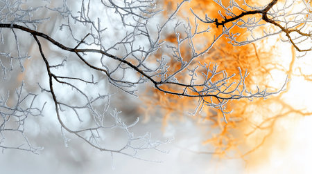 Close-up view of intricate, frost-laden tree branches in sharp focus, contrasted with a soft, out-of-focus background of warm orange and white hues, evoking a serene winter scene.の素材